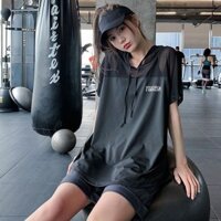 Lưới Có Mũ Trùm Đầu Rời Chạy Bộ Áo Thun Thể Thao Nhanh Khô Áo Thun Ngắn Tay Tập Yoga Top Quần Áo Thể Dục Nữ Plus Kích Thước Béo