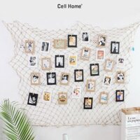 Lưới dây thừng trang trí treo ảnh kèm khung ảnh giấy và kẹp gỗ decor tường
