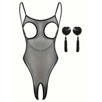 Lưới màu trơn lưng không đáy quần ít đồ lót, áo liền quần liền quần bán trong suốt có tua rua trang trí