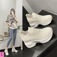 Lưới thêu giày vải bên trong giày tăng chiều cao của phụ nữ 2023 phong cách mới mùa hè miệng nông bay giày đan của phụ nữ lưới thoáng khí rhinestone dày-