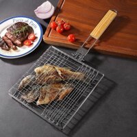 Lưới Thịt Nướng Inox 304 Có Tay Cầm Bằng Gỗ Có Thể Gập Lại Nướng Cá Kẹp Cắm Trại Ngoài Trời Hộ Gia Đình BBQ Dụng Cụ