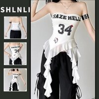 Lưới viền Ruffle ngọt ngào có in chữ cho nữ Áo ống mùa hè mỏng và không đều