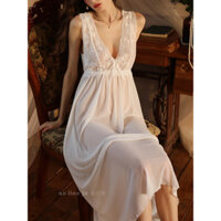 Lưới Voan Gợi Cảm Trong Suốt Sâu V Ren Đen Cực Dài Váy Ngủ Nữ Băng Lụa Trắng Không Tay Đầm