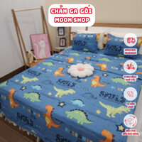 (LƯƠNG VỀ)🐘 Bộ 5 món: chăn hè trần bông, drap, 3 vỏ gối gối cotton poly 1m6,1m8, 1m2 2m2 Drap giường mẫu Khủng long xanh