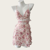 Luvbox Deep V Ren Gợi Cảm Nữ Suspenders Hồng Dập Nổi Hoa Rỗng Đầm + Quần Lót Bộ Đồ Ngủ