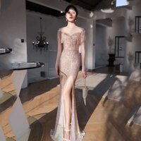 LV2025 Đầm dạ hội dài cao cấp cho phụ nữ, kiểu dáng nàng tiên cá, có họa tiết tiên tiến, có thể mặc hàng ngày