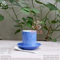 Ly cốc Bát Tràng không quai men vân đá màu coban kèm đĩa sứ và thìa cafe