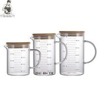 Ly Cốc Ca Thủy Tinh Glass Cup Chia Vạch Đo Lường Định Lượng Đong Thể Tích Có Nắp Gỗ Đậy Chịu Nhiệt - 350ml có nắp