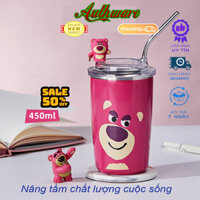 Ly cốc giữ nhiệt gấu dâu Losto tiện dụng lõi inox 304 cao cấp kèm ống hút thép không gỉ dung tích 450ml
