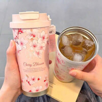 Ly( Cốc ) Giữ Nhiệt Hoạ Tiết Hoa Lá Có Ống Hút Tiện Lợi Dung Tích 500ml, Ly Đựng Nước Giữ Nhiệt Có Quai Xách