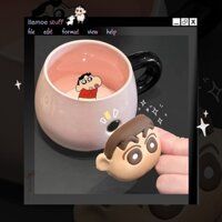Ly cốc gốm sứ cao cấp, ly sứ uống nước Shin-chan cậu bé bút chì kèm sticker hút nam châm độc đáo thích hợp làm quà tặng