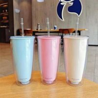Ly Cốc nhựa uống nước 2 lớp cách nhiệt kèm ống hút màu đẹp dung tích 750ml