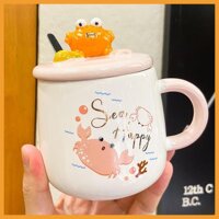 Ly cốc sứ cao cấp hình Con cua siêu cute có nắp và thìa dung tích 420ml