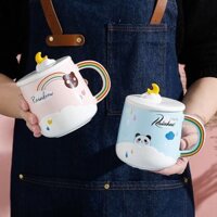 LY CỐC SỨ CẶP ĐÔI CÓ NẮP HÌNH GẤU PANDA CỰC NGỖ NGHĨNH 400ML KÈM THÌA XINH XẮN