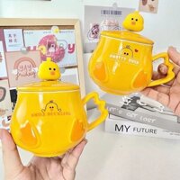 Ly cốc sứ có nắp hình chú vịt vàng đáng yêu dễ thương kèm thìa inox 400ml9