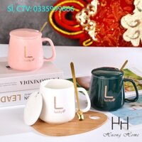 LY, CỐC SỨ CÓ NẮP IN HÌNH SANG TRỌNG KÈM THÌA CAO CẤP - TÁCH PHA TRÀ, SỮA, CAFE 400ML