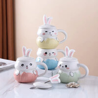 Ly cốc sứ có nắp kèm thìa hình thỏ 3D siêu cute dễ thương 350ml