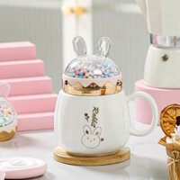 Ly cốc sứ có nắp vặn kẹo bông tai thỏ trắng dễ thương cute 400ml
