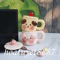 Ly cốc sứ hình heo hồng dễ thương, ly sứ hình chó cún xinh xắn, cốc sứ họa tiết nổi có nắp và thìa dung tích 400ml