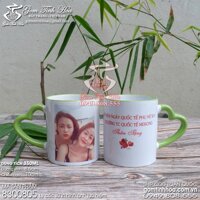 Ly cốc sứ in hình ảnh lưu niệm mẫu cốc quai tim xanh