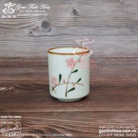 Ly cốc sứ không quai men kem vẽ hoa đào hồng