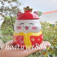 Ly cốc sứ mèo thần tài biểu cảm dễ thương có nắp và thìa, cốc sứ quà tặng
