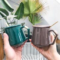 Ly cốc sứ phong cách bắc âu dung tích 450ml có nắp kèm muỗng AUTOMATIK