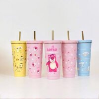 Ly giữ nhiệt 450ml 750ml gấu dâu lotso- tặng ống hút inox + chổi ống hút +túi trong+bịt ống hút