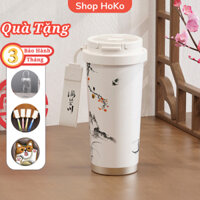 Ly giữ nhiệt coffee cup inox 316 520ml cốc giữ nhiệt SHopHoKo quai xách ống hút sơn thủy hữu tình