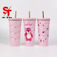 Ly Giữ Nhiệt Gấu Dâu LOTSO 750ML, Bình Giữ Nhiệt Inox 304 Tặng Kèm Ống Hút Cọ Vệ Sinh Và Túi Đựng Tiện Lợi