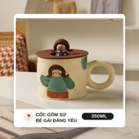 Ly gốm sứ bé gái cute cao cấp kèm nắp silicone 350ml