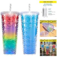 Ly nước 2 lớp vẩy cá 710ml Ly giữ nhiệt có nắp đậy nhựa thực phẩm PP kèm ống hút, Tặng túi xách