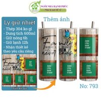 Ly nước giữ nhiệt, 600ml inox 304 không gỉ, bình giữ nhiệt khắc tên, thêm ảnh kỹ niêm theo yêu cầu, mẫu 793