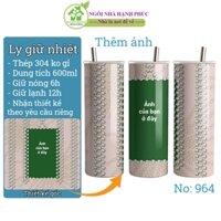 Ly nước giữ nhiệt, 600ml inox 304 không gỉ, bình giữ nhiệt khắc tên, thêm ảnh kỹ niêm theo yêu cầu, mẫu 964