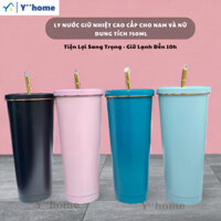 Ly nước giữ nhiệt cao cấp 750ml viền vàng ống hút vàng, Ly nước xinh xắn phong cách hiện đại sang trọng, 7 Ngày Đổi Trả