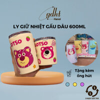 Ly Nước Giữ Nhiệt Sticker Dán Kèm Ống Hút Inox 600ml Đáng Yêu