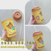 ly nước nhựa gấu rilakkuma kèm ống hút và nắp đậy 600ml siêu dễ thương