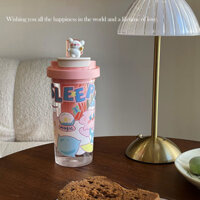 Ly rơm dễ thương hoạt hình mùa hè cho bé gái, ly uống nước kép bằng nhựa cao cấp, ly trà hoa di động, quà tặng ly cà phê kép
