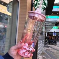 Ly Starbucks thuỷ tinh 2 lớp. cốc cao starbuck thuỷ tinh kèm ống hút 591ml ống hút có nơ hình hoa