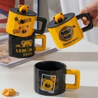 Ly sứ có muỗng và nắp ROUGH BEAR siêu cute