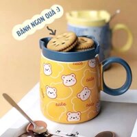 Ly sứ có nắp kèm muỗng - ly uống sữa cà phê trà hoạ tiết hoạt hình Gấu