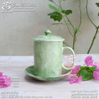 Ly sứ có nắp Ly sứ uống trà cafe 350ml kèm đĩa sứ 15cm men vân đá màu xanh bạc hà