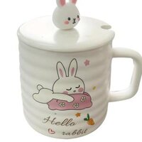 Ly su co quai, Ly thuy tinh de thuong, Quà lưu niệm, họa tiết cute, kèm muỗng và nắp hình thỏ 450ml - Trắng- Thỏ nằm ngủ