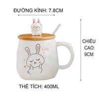 Ly su co quai, Ly thuy tinh de thuong, Quà lưu niệm, họa tiết cute, kèm muỗng và nắp hình thỏ 450ml - Gỗ- Like