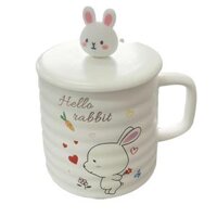 Ly su co quai, Ly thuy tinh de thuong, Quà lưu niệm, họa tiết cute, kèm muỗng và nắp hình thỏ 450ml - Trắng- Thỏ tặng hoa