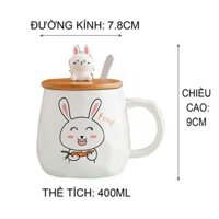 Ly su co quai, Ly thuy tinh de thuong, Quà lưu niệm, họa tiết cute, kèm muỗng và nắp hình thỏ 450ml - Gỗ- Food