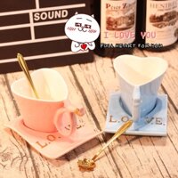 Ly sứ coffee có đế và muỗng hình trái tim cao cấp