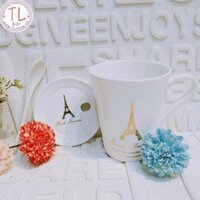 Ly sứ trắng có nắp đậy và muỗng in hình nhiều kì quan - Good France - America - Italy - London - Cốc sứ - Ly sứ