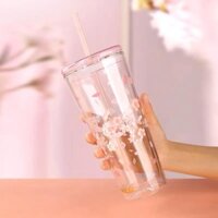 Ly thủy tinh cao cấp có nắp đậy họa tiết hoa anh đào/ Cốc thủy tinh cách nhiệt Sakura Cup Meeko