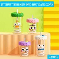 Ly thuỷ tinh có nắp dễ thương kèm ống hút dạng xoắn